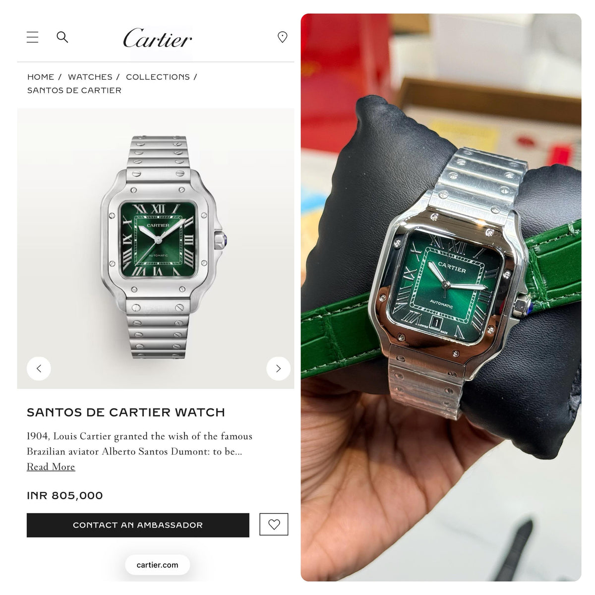 Car-tier Santos Green Dial – Silver Bracelet & Green Leather Strap