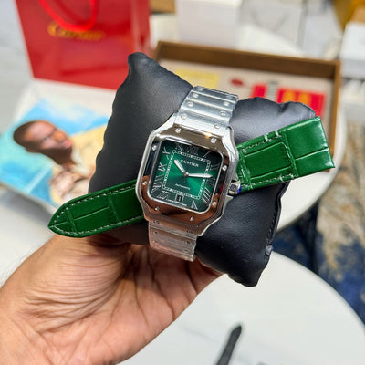 Car-tier Santos Green Dial – Silver Bracelet & Green Leather Strap