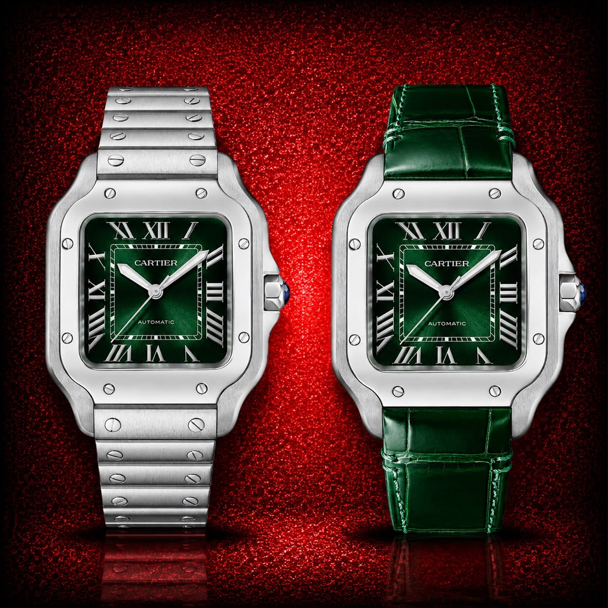 Car-tier Santos Green Dial – Silver Bracelet & Green Leather Strap