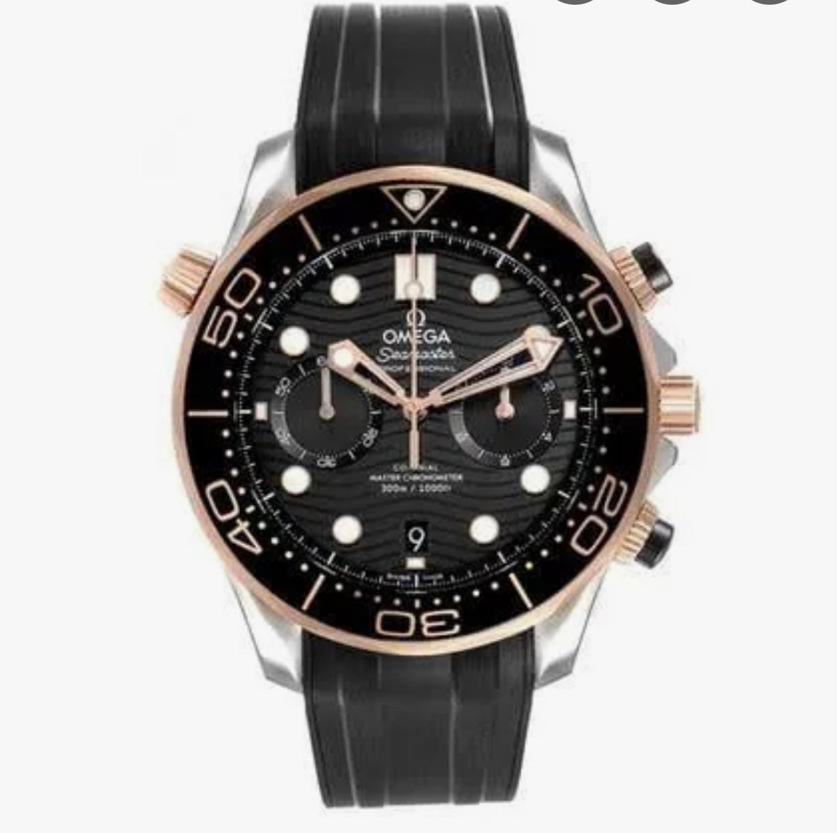 OMEGA Seamaster Diver 300M Co-Axial Chronograph – Black Dial, Sedna™ Gold & Rubber Strap