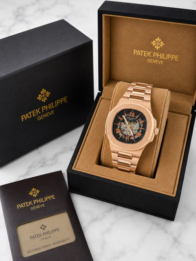 Patek Philippe Rose Gold Skeleton Dial Luxury Watch for Men