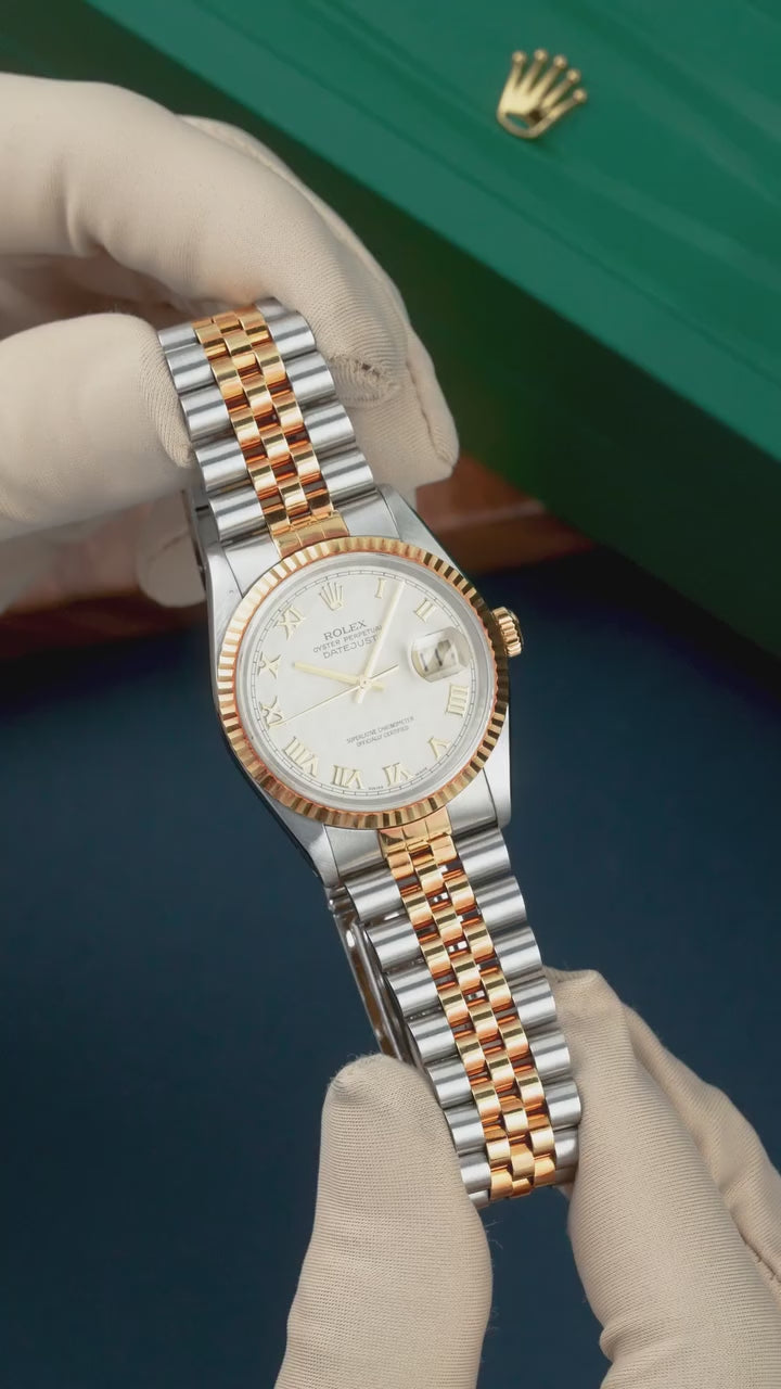 Load video: Ro-lexx Datejust 36 – Two-Tone Yellow Rolesor, Champagne Dial &amp; Jubilee Bracelet