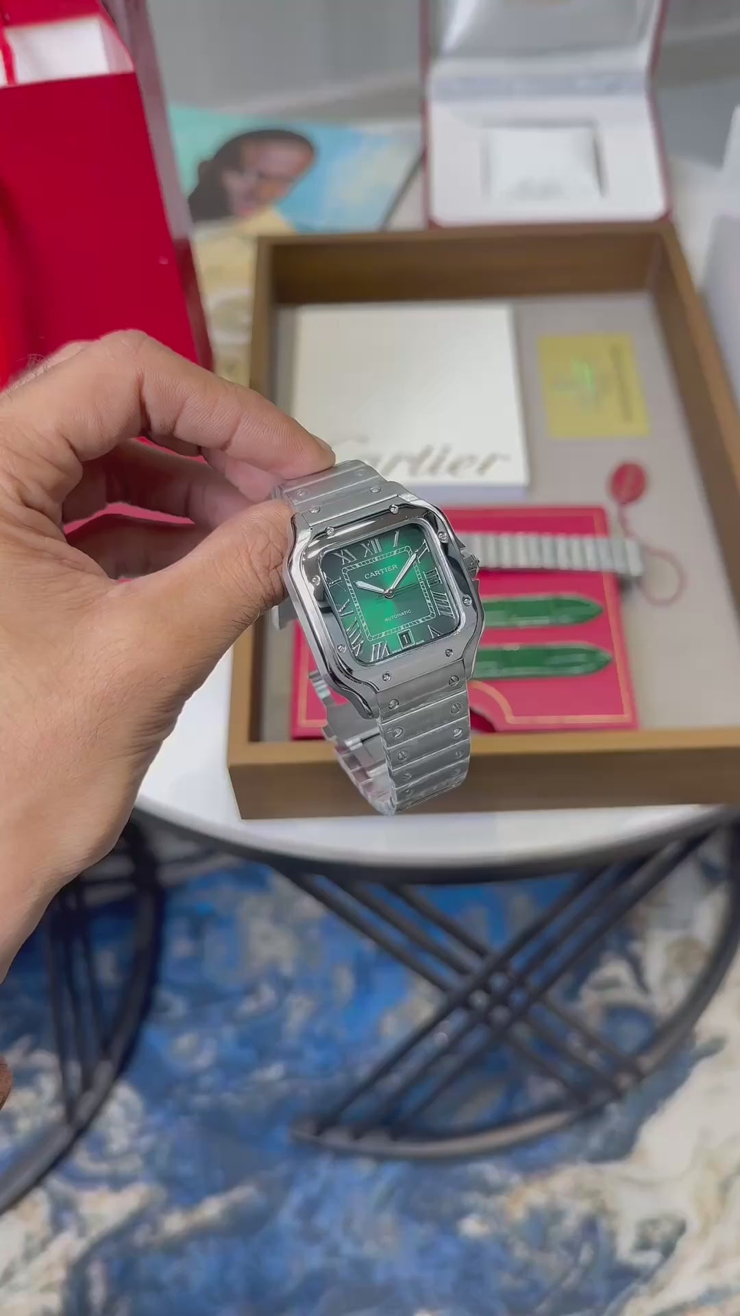 Car-tier Santos Green Dial – Silver Bracelet & Green Leather Strap