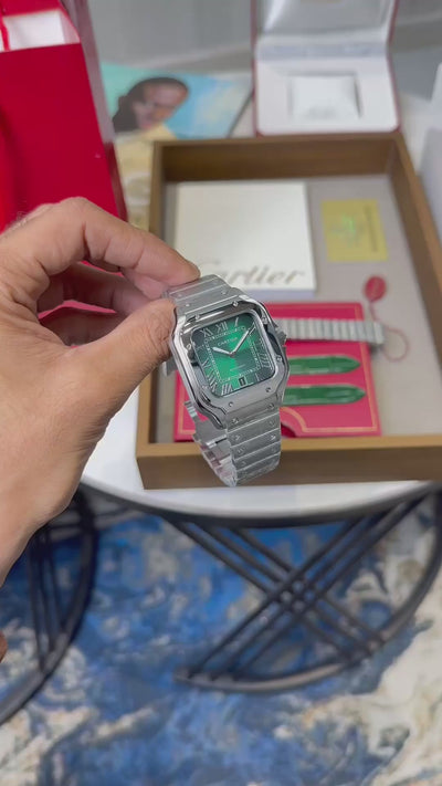 Car-tier Santos Green Dial – Silver Bracelet & Green Leather Strap